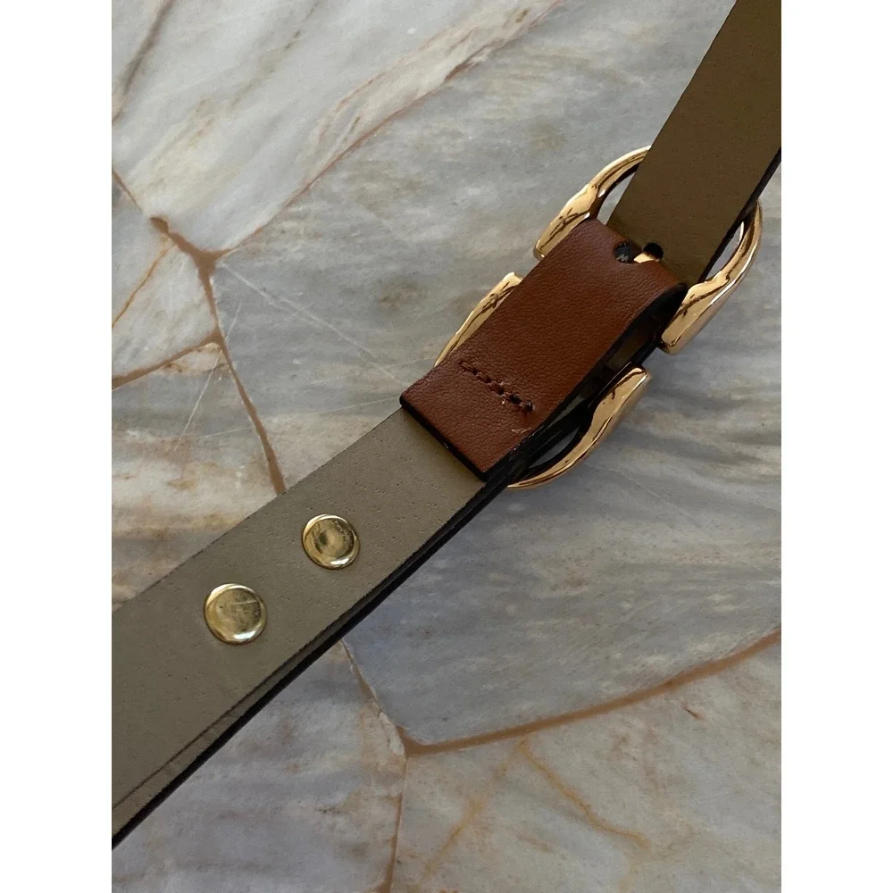 Steve Madden Cognac Brown Faux Leather Belt Gold Oval Buckle Slim Classic 40in